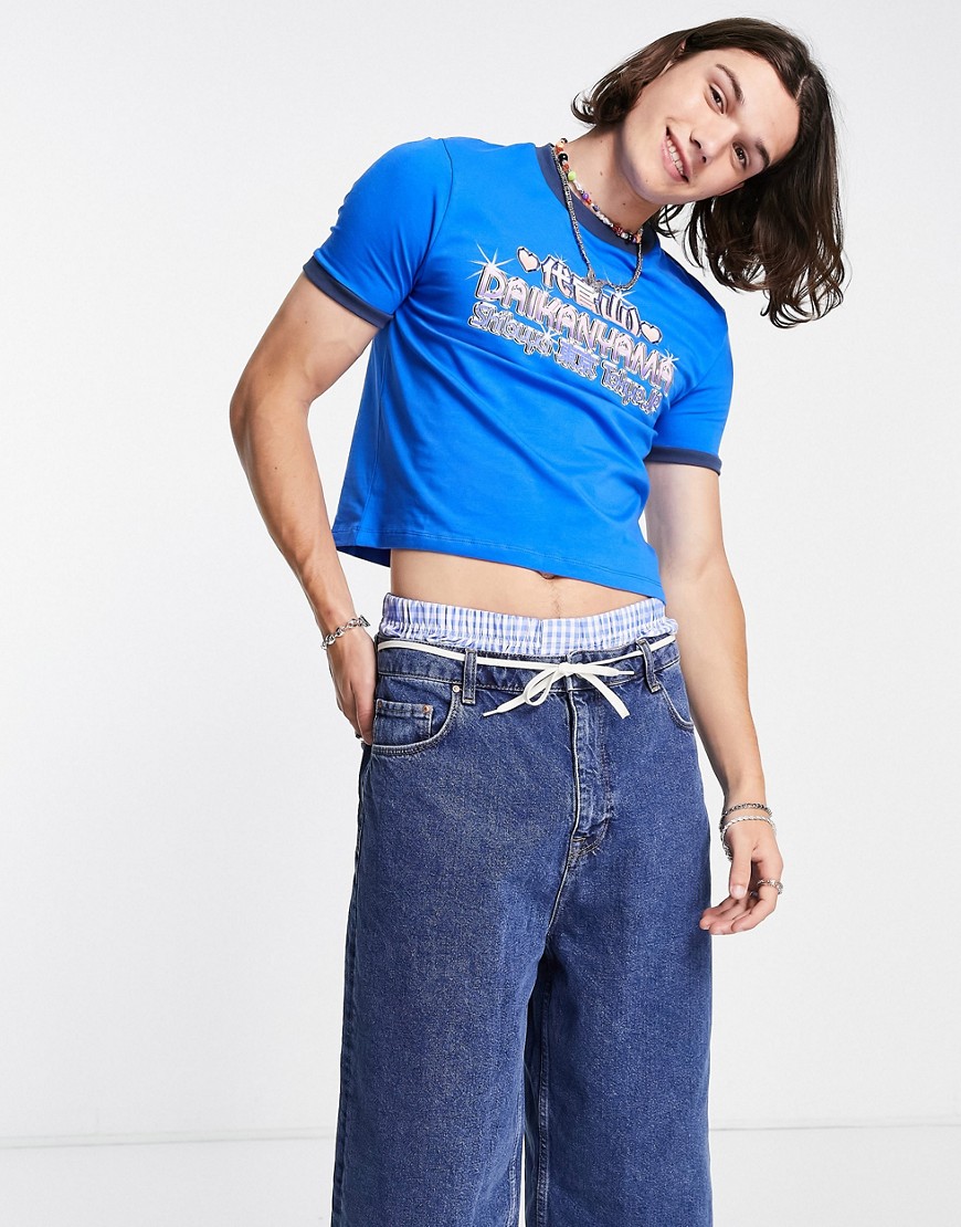 ASOS DESIGN skinny cropped ringer t-shirt in blue with anime front print