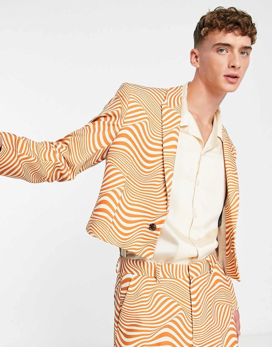 ASOS DESIGN skinny cropped suit jacket in white and orange swirl print-Multi
