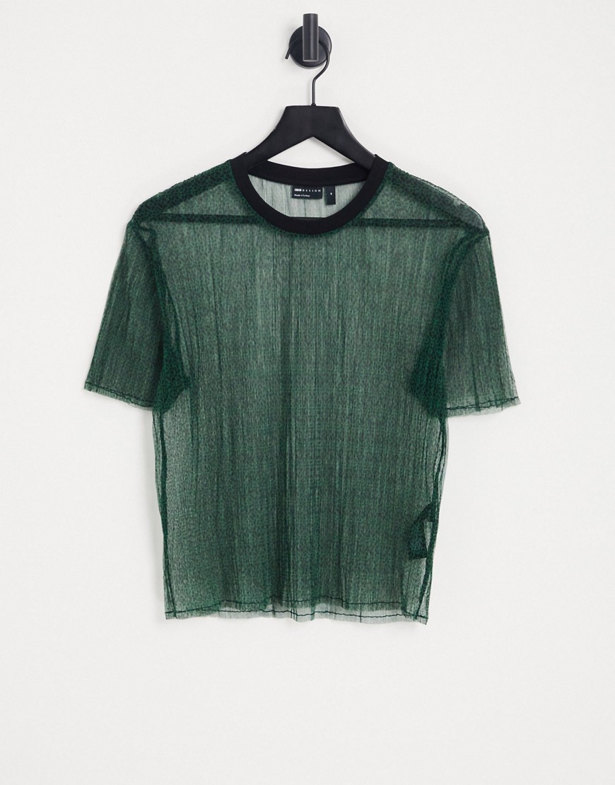ASOS DESIGN skinny cropped T-shirt in leopard print mesh plisse-Green