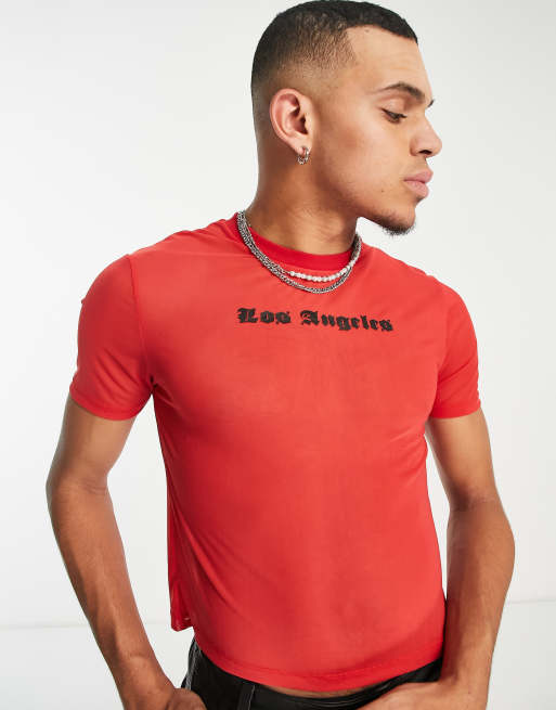 ASOS DESIGN skinny cropped t-shirt in red mesh wit Los Angeles