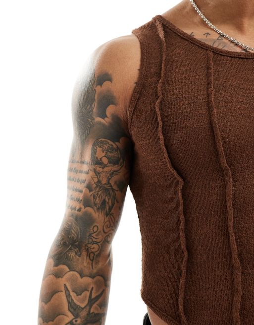 ASOS Textured Crinkle Swim Tank Top in Brown for Men