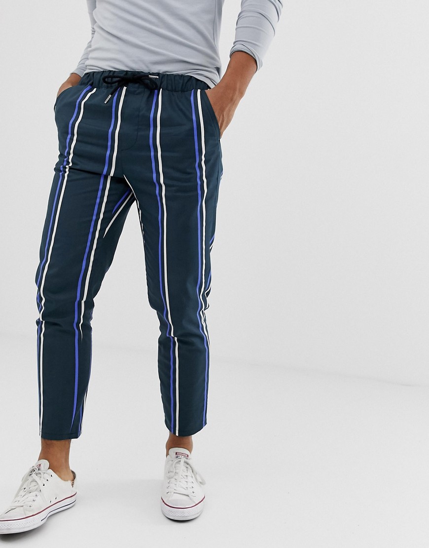ASOS DESIGN skinny cropped trousers in navy stripe with drawstring waist-Black