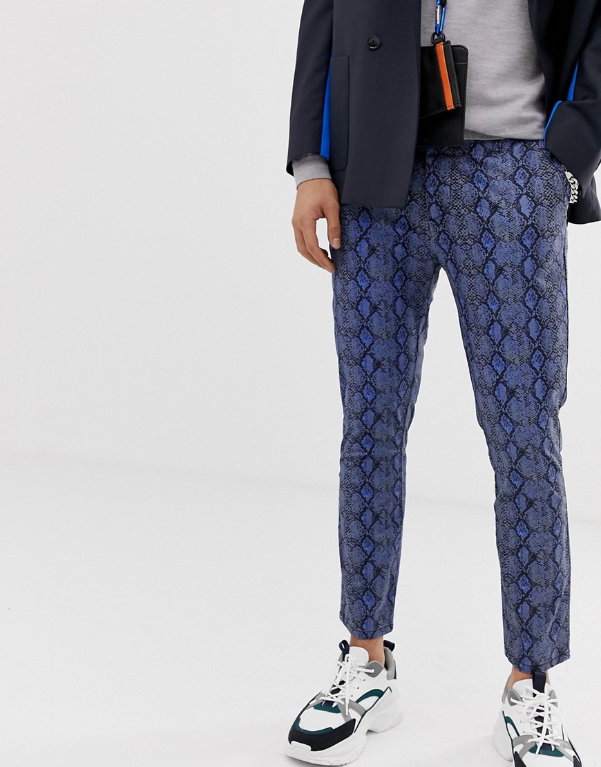 ASOS DESIGN skinny cropped trousers in snake print-Blue
