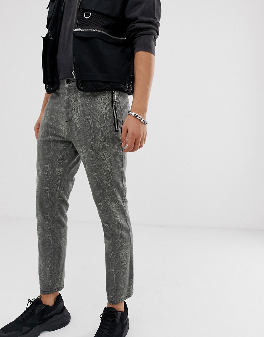 ASOS DESIGN skinny cropped trousers in snakeskin with zip pockets-Green