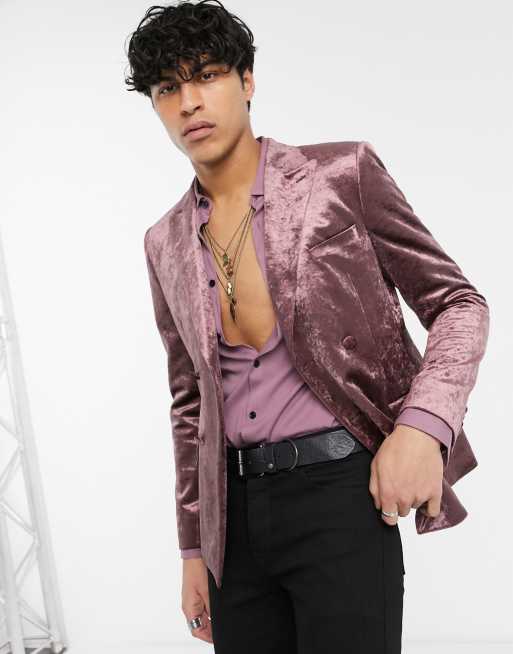 ASOS DESIGN skinny crushed velvet double breasted blazer in burgundy