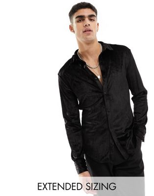 ASOS DESIGN skinny crushed velvet shirt with concealed placket in black ...