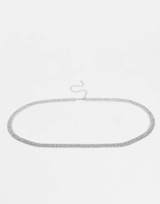 ASOS DESIGN skinny cup chain rhinestone chain belt in silver