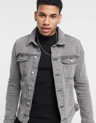 jean jacket with grey pants