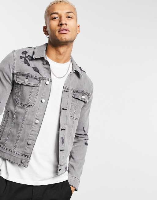 ASOS DESIGN skinny denim jacket in grey with rips | ASOS