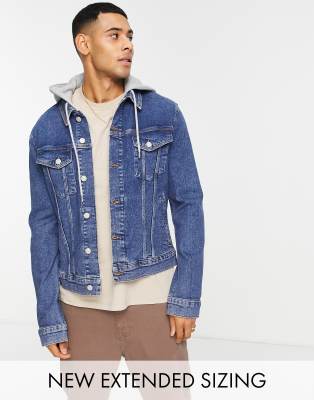 ASOS DESIGN skinny denim jacket in mid wash with detachable jersey hood - ASOS Price Checker