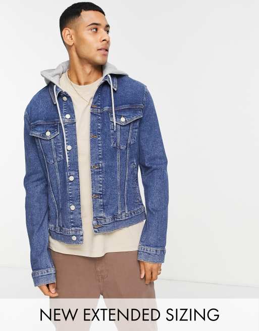 Men's Hooded Denim Jacket in Mid Blue