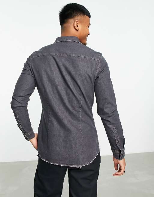 ASOS DESIGN - Skinny denim overhemd met scheuren in zwarte wassing, 3 van 4