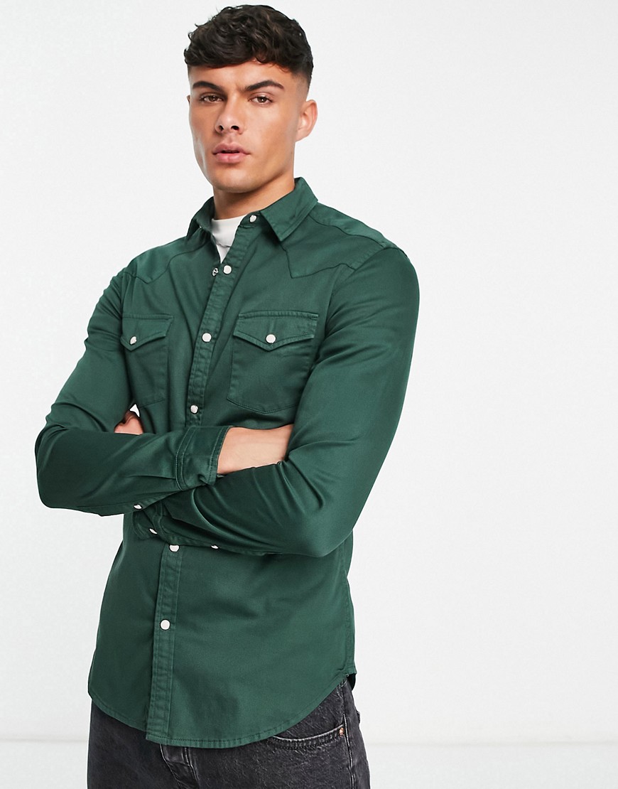 ASOS DESIGN skinny denim shirt in forest green
