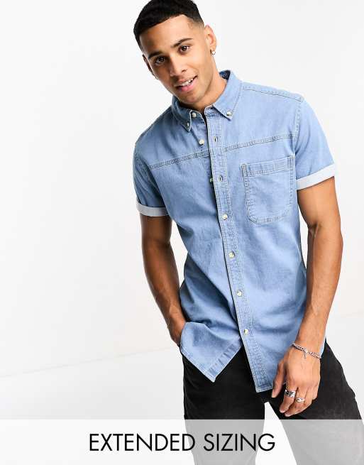 ASOS Design Skinny Denim Short Sleeve Shirt in Light Blue Wash