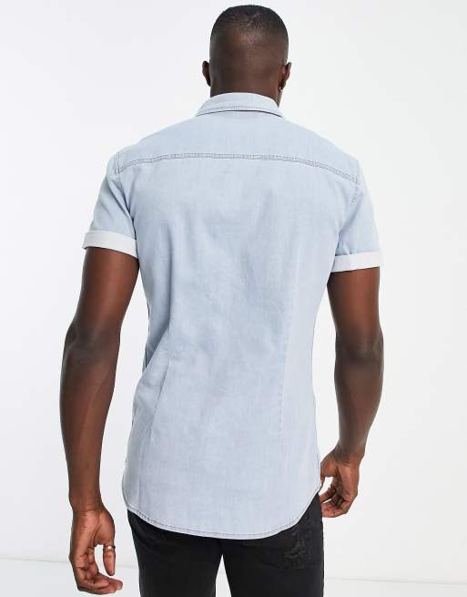 ASOS Design Skinny Denim Short Sleeve Shirt in Light Blue Wash