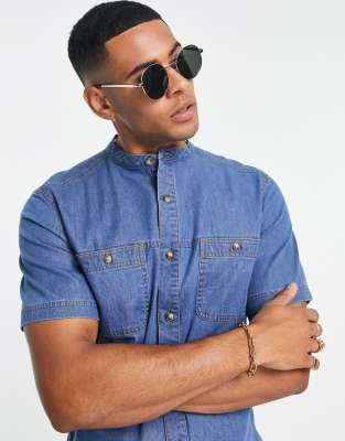 ASOS DESIGN skinny denim shirt in mid wash with grandad collar