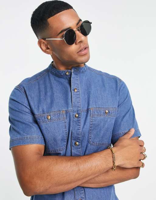 ASOS Design Skinny Denim Short Sleeve Shirt in Light Blue Wash