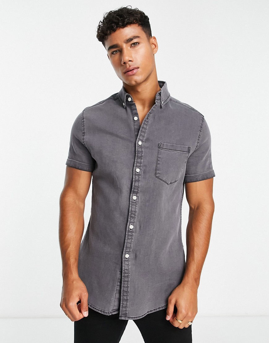 ASOS DESIGN skinny denim shirt in washed black-Grey