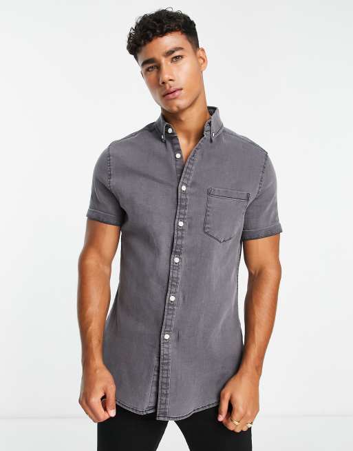 ASOS Design Skinny Denim Short Sleeve Shirt in Light Blue Wash