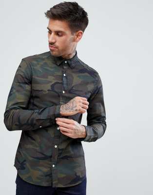 Camo Print Slim Fit Denim Shirt