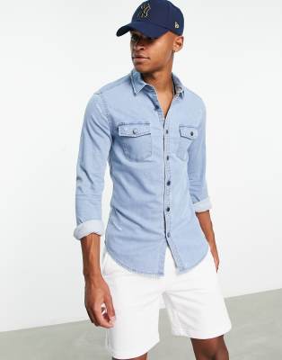 ASOS DESIGN skinny denim shirt with rips in light blue