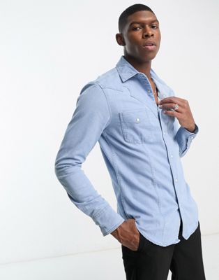 ASOS DESIGN skinny denim shirt with western detail in blue - ASOS Price Checker