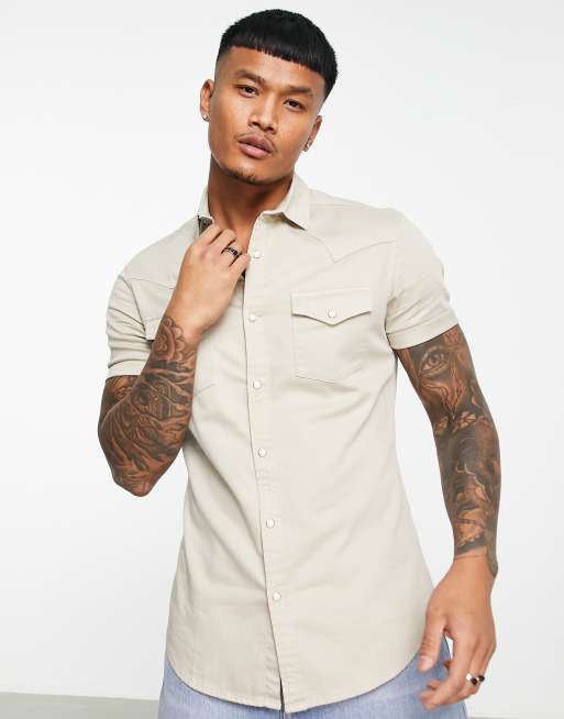 ASOS DESIGN skinny denim shirt with western detail in stone