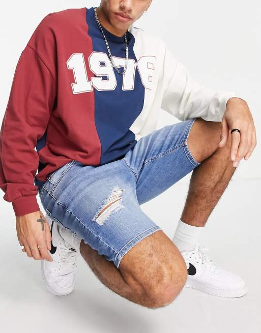ASOS DESIGN - Skinny denim short met normale lengte en scheuren in middenblauwe wassing , 2 van 4