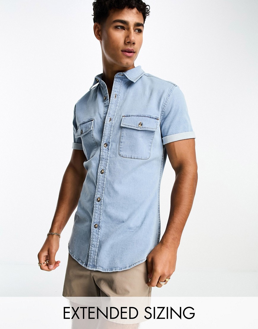 ASOS DESIGN skinny denim short sleeve shirt in light blue wash