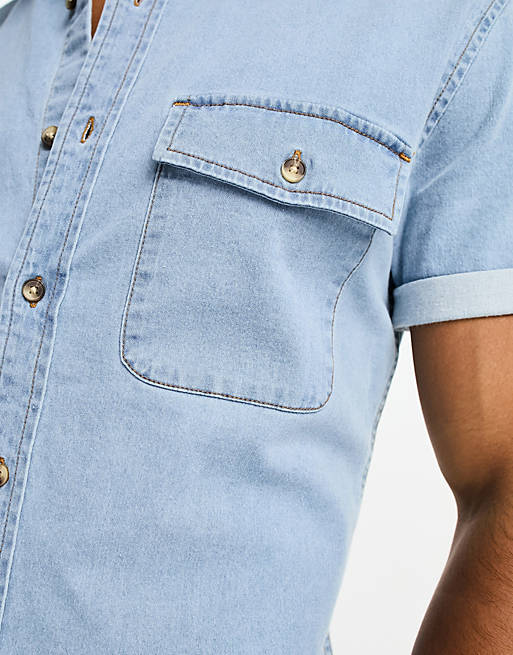 ASOS Design Skinny Denim Short Sleeve Shirt in Light Blue Wash