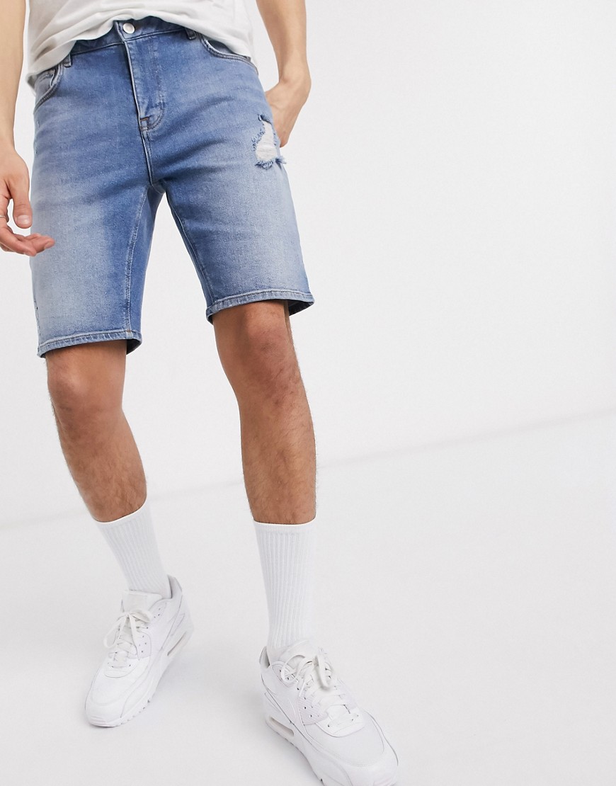 ASOS DESIGN skinny denim shorts in dark wash blue with abrasions