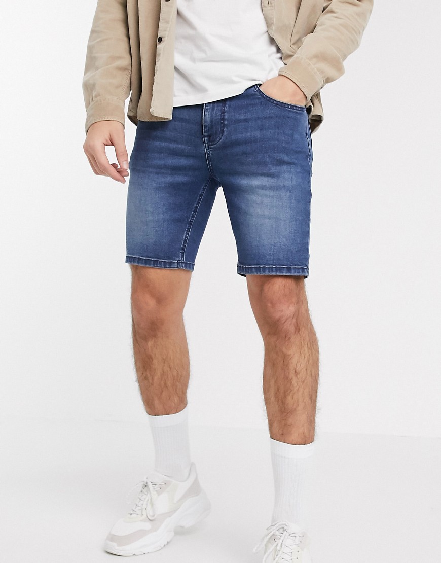 ASOS DESIGN skinny denim shorts with power stretch in dark wash blue