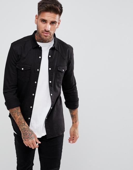 ASOS DESIGN skinny denim western shirt in black | ASOS