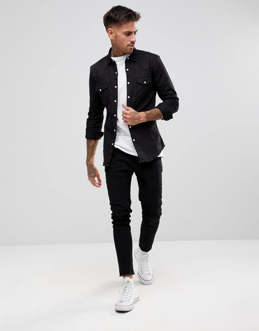 ASOS DESIGN skinny denim western shirt in black