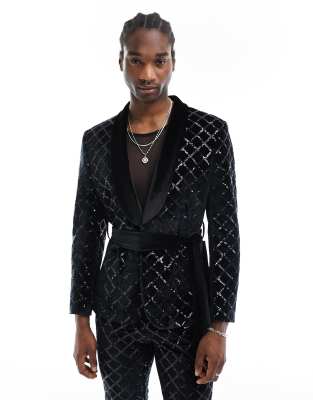 Asos Design Skinny Diamond Sequin Suit Jacket In Black