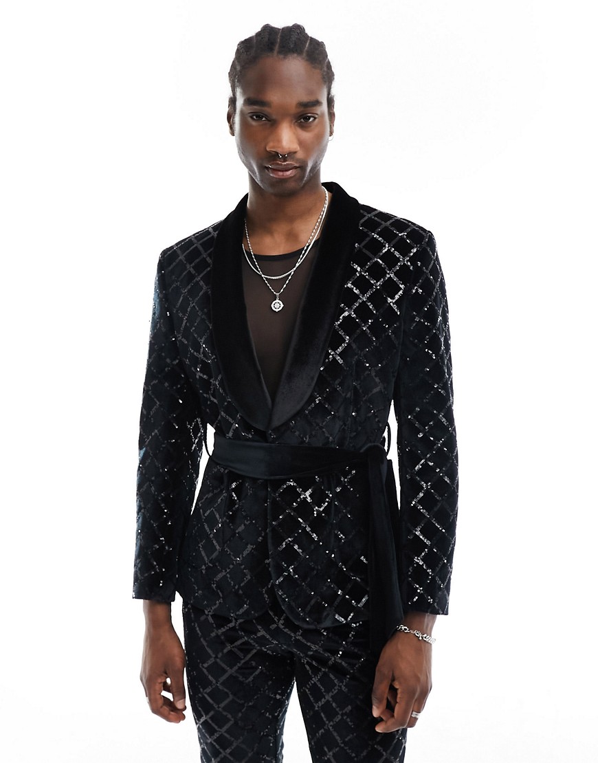 skinny diamond sequin suit jacket in black