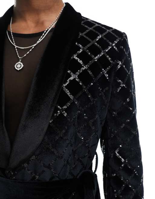 ASOS DESIGN skinny diamond sequin suit jacket in black