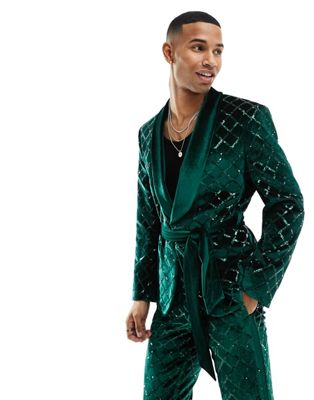 Asos Design Skinny Diamond Sequin Suit Jacket In Dark Green