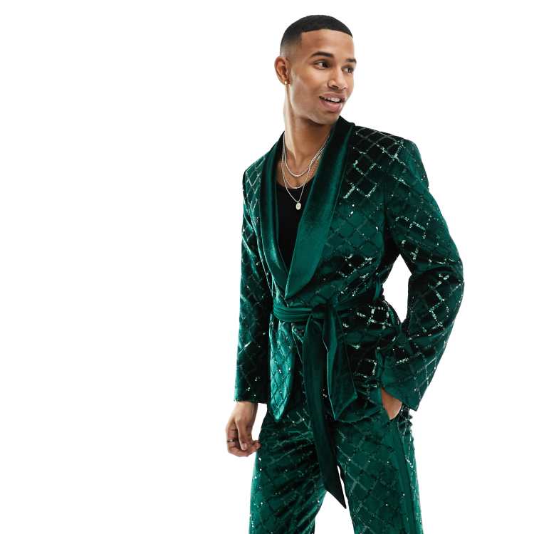 ASOS DESIGN skinny diamond sequin suit jacket in dark green ASOS