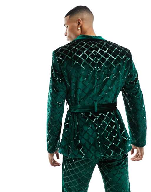 ASOS DESIGN skinny diamond sequin suit jacket in dark green