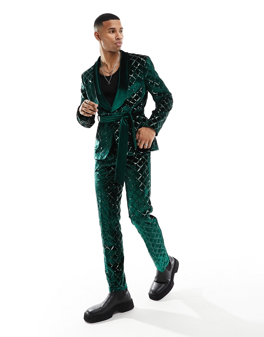 Asos Design Skinny Diamond Sequin Suit Pants In Dark Green