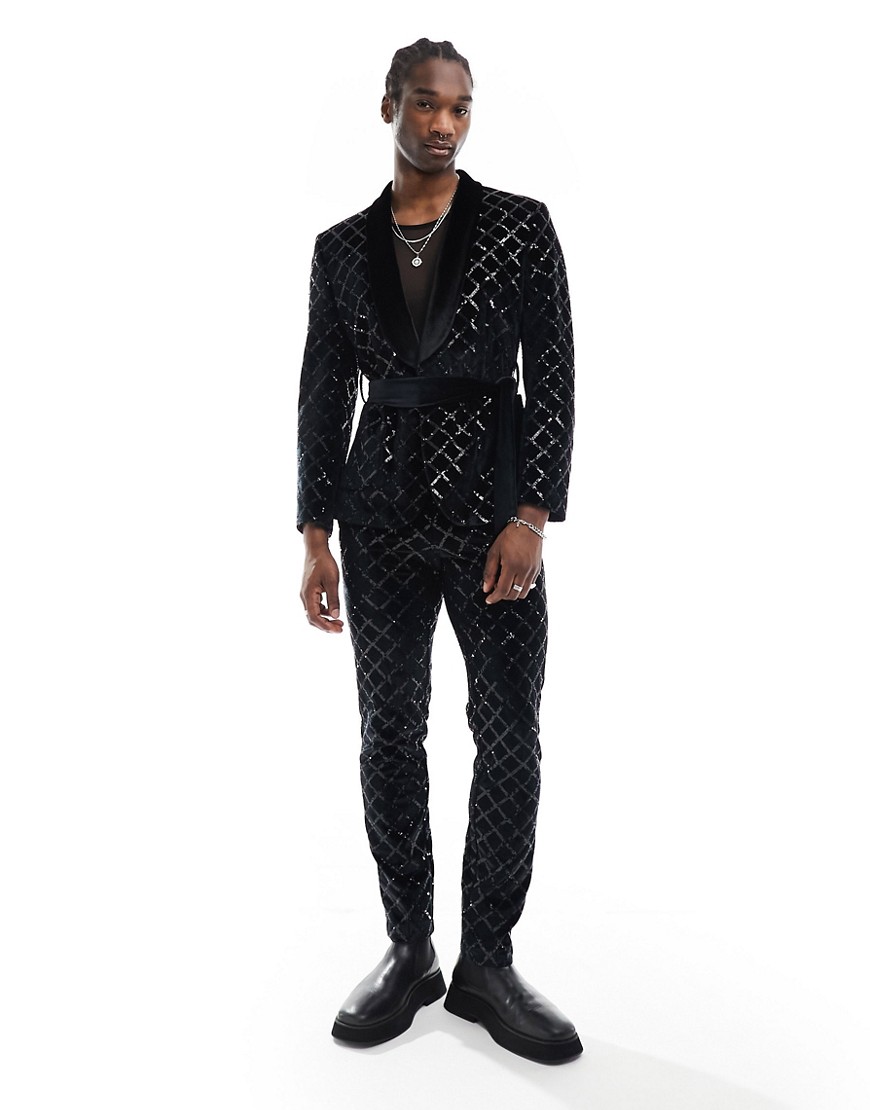 ASOS DESIGN skinny diamond sequin suit trouser in black