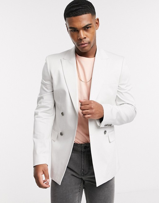 ASOS DESIGN skinny double breasted blazer in ice grey cotton