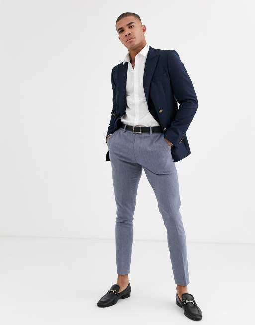 ASOS DESIGN skinny double breasted blazer with gold button in navy