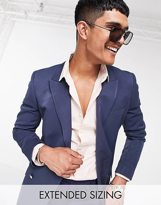 ASOS DESIGN skinny double breasted blazer with gold buttons in navy