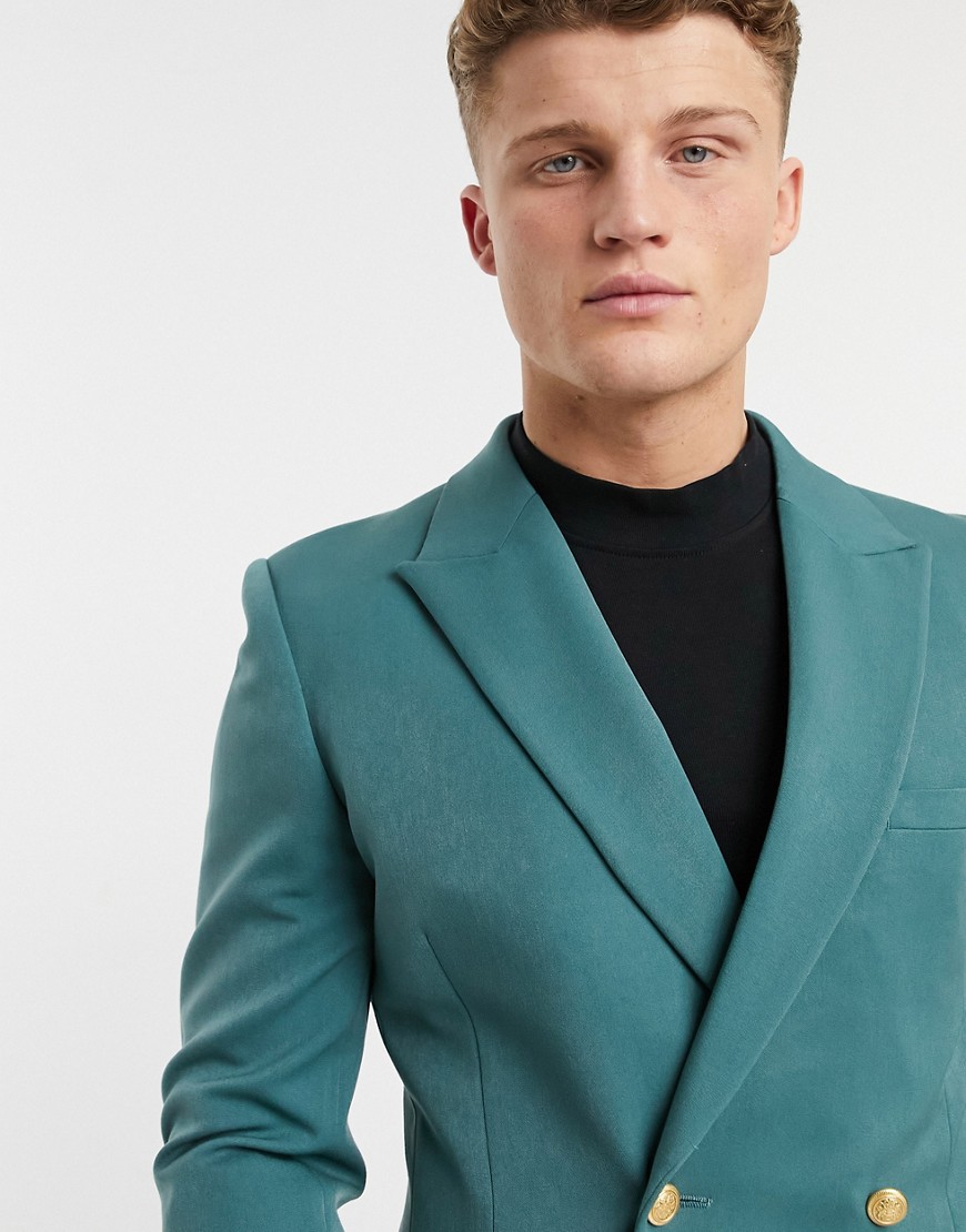 ASOS DESIGN skinny double breasted blazer with gold buttons in sea green