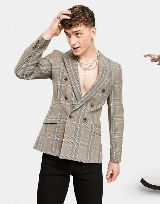 ASOS DESIGN skinny double breasted blazer with prince of wales check in grey