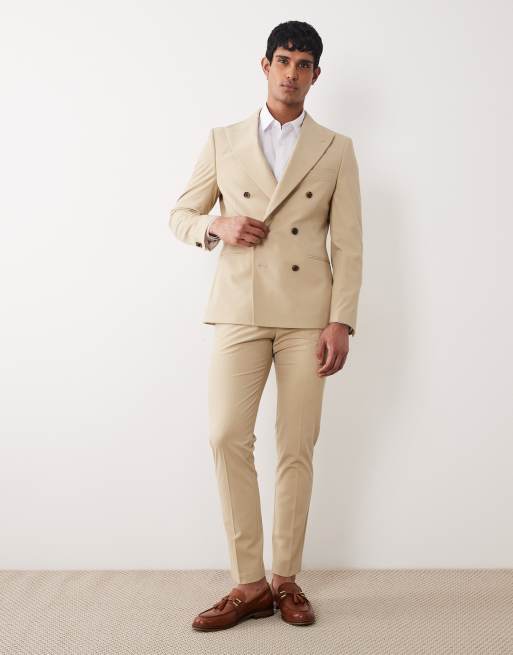 ASOS DESIGN - Skinny double-breasted colbert met textuur in steenkleurige keperstof, 2 van 5