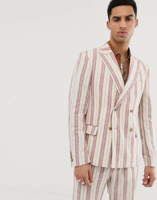 ASOS DESIGN skinny double breasted suit jacket in cream linen stripe-White White