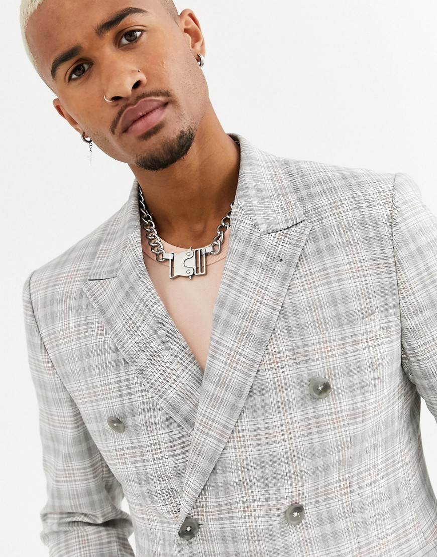 ASOS DESIGN skinny double breasted linen blazer with check in grey